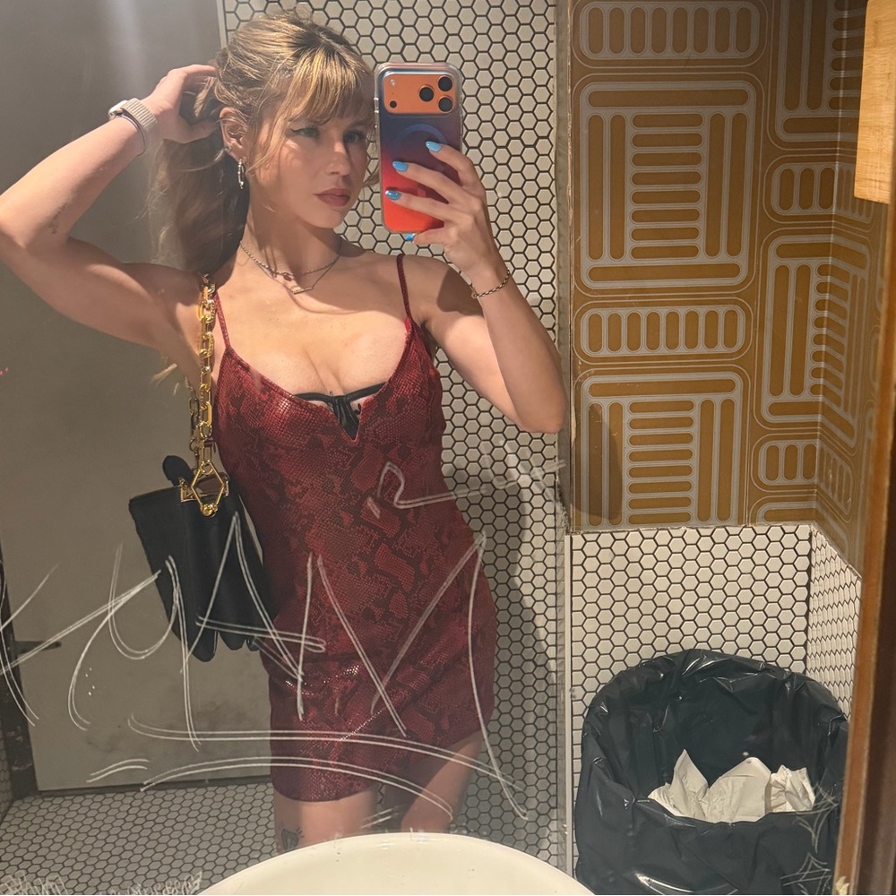 Revolve ASTR red snakeskin “Come Slither” dress